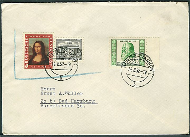 DDR, Berlin og Vesttyskland udg. på blandingsfrankeret brev fra Berlin d. 14.8.1952 til Bad Harzburg.