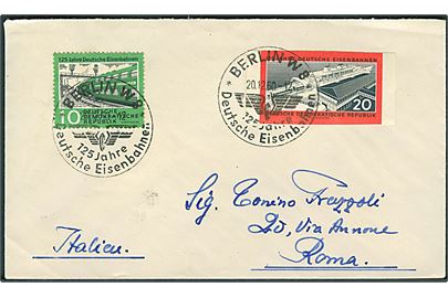 Komplet sæt Jernbanejubilæum på brev annulleret med særstempel i Berlin d. 20.12.1960 til Rom, Italien.