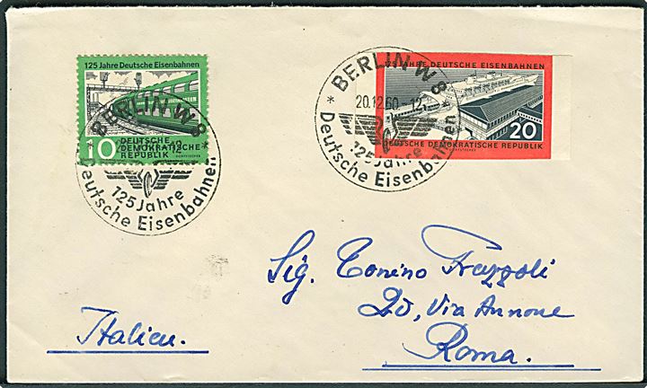 Komplet sæt Jernbanejubilæum på brev annulleret med særstempel i Berlin d. 20.12.1960 til Rom, Italien.