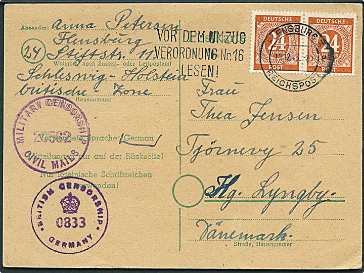 24 pfg. i parstykke på brevkort fra Flensburg d. 10.12.1946 til Lyngby, Danmark. Dobbelt censureret af den allierede efterkrigscensur i Tyskland.