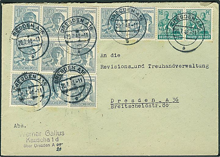 12 pfg. (11) og 16 pfg. (2) på Zehnfach frankeret lokalbrev i Dresden d. 20.7.1948.