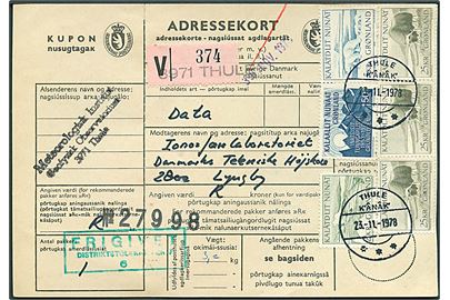 1,50 kr. Grundlov, 2 kr. Narhval, 5 kr. Isbjørn og 25 kr. Moskusokse (3) på adressekort for værdipakke fra Thule d. 23.11.1978 til Lyngby.