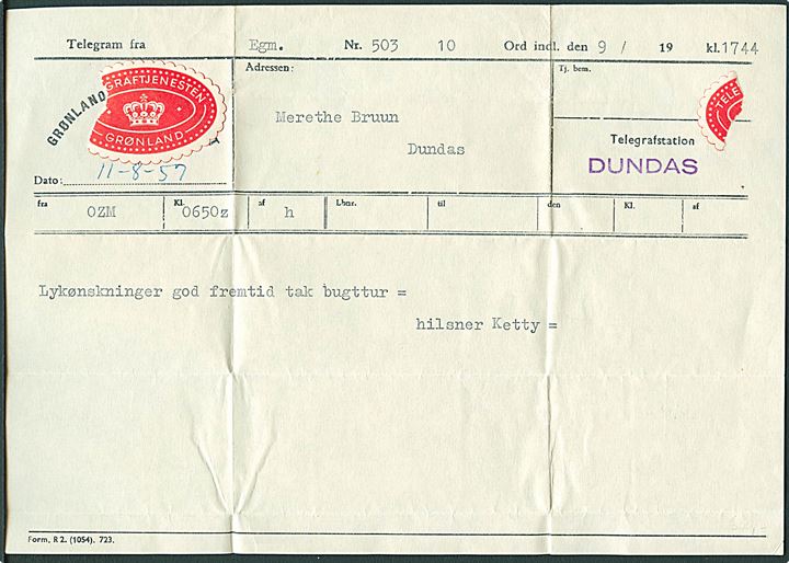 Grønlandsdepartementet telegram formular Form. R2 (1054). 723 benyttet ved telegrafstationen i Dundas d. 11.8.1957.
