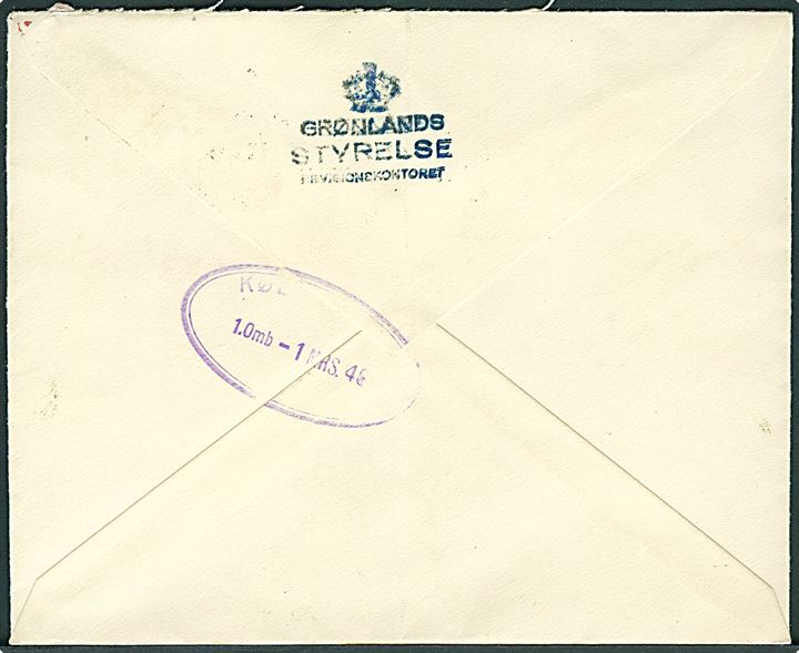 10 øre Chr. X i fireblok på anbefalet lokalbrev i København d. 28.2.1946. På bagsiden afs.-stempel: (krone) Grønlands Styrelse Revisionskontoret.