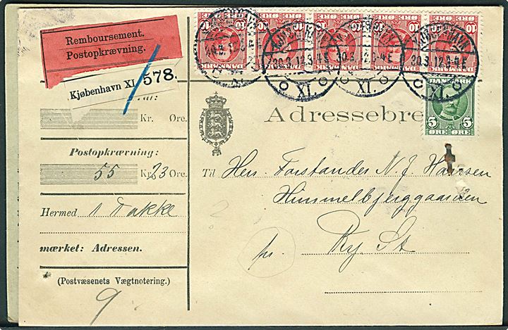 5 øre og 10 øre (5-stribe) Fr. VIII på adressebrev for pakke med opkrævning fra Kjøbenhavn d. 30.3.1912 til Ry St.