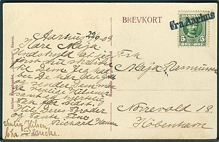 5 ære Fr. VIII på brevkort (Landsudstillingen i Aarhus) dateret d. 22.9.1909 og annulleret med skibsstempel Fra Aarhus til København.