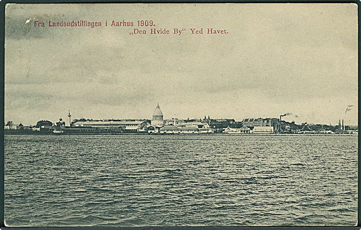 5 ære Fr. VIII på brevkort (Landsudstillingen i Aarhus) dateret d. 22.9.1909 og annulleret med skibsstempel Fra Aarhus til København.