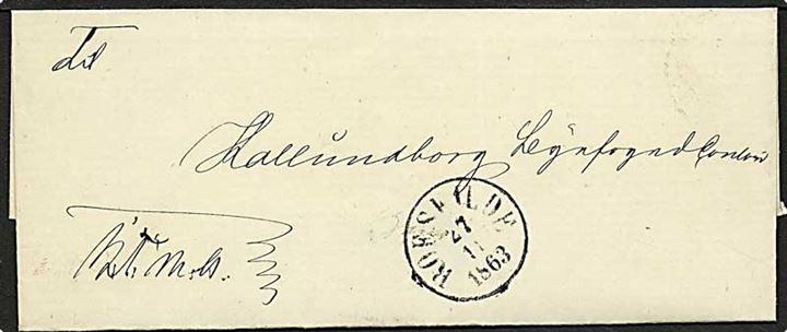 Ufrankeret brev fra Roskilde d. 27.11.1863 til Kalundborg. Roskilde antikvastempel.