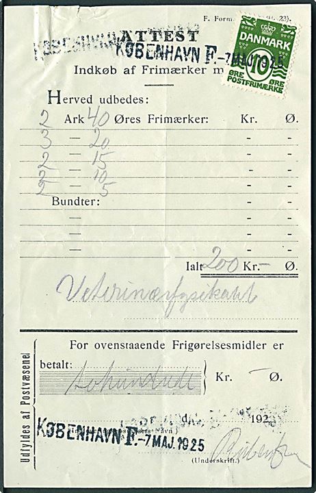 10 øre Bølgelinie annulleret med kontorstempel København F. d. 5.7.1925 på Attest for Indkøb af Frimærker.