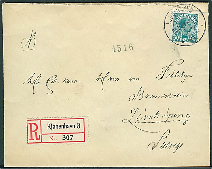 60 øre Chr. X single på anbefalet brev fra Kjøbenhavn d. 29.11.1921 til Linköping, Sverige.
