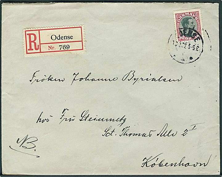 50 øre Chr. X single på anbefalet brev fra Odense d. 13.2.1922 til København.