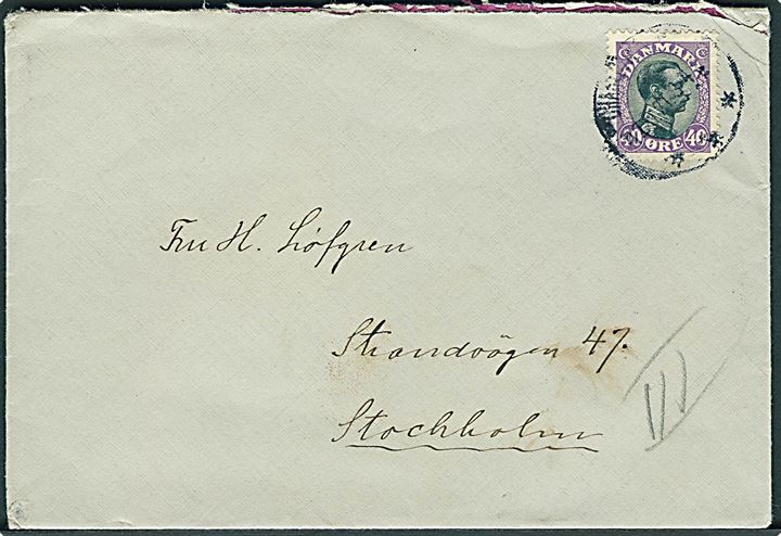 40 øre Chr. X single på brev fra Charlottenlund d. 12.9.1921 til Stockholm, Sverige.