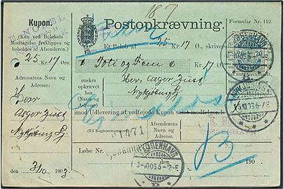 20 øre Våben single på retur Postopkrævning fra Kjøbenhavn d. 3.10.1903 til Nykjøbing Sj. Retur som ej indløst.
