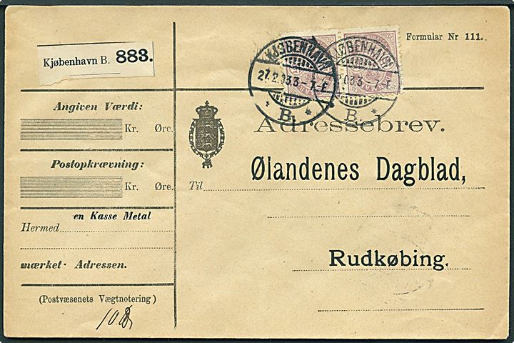 15 øre Våben i parstykke på adressebrev for pakke fra Kjøbenhavn d. 27.2.1903 til Rudkøbing.