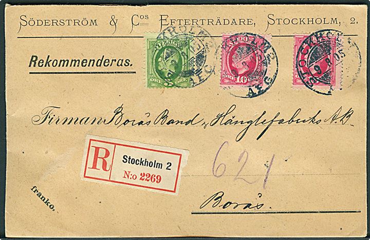 5 öre og 10 öre (2) Oscar på anbefalet brev fra Stockholm d. 9.8.1905 til Borås.
