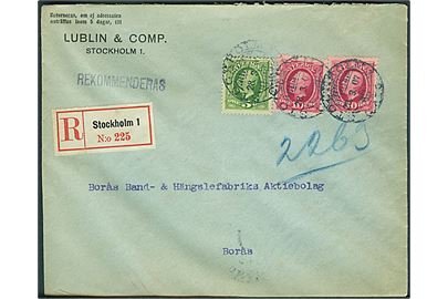 5 öre og 10 öre (2) Oscar på anbefalet brev fra Stockholm d. 28.3.1907 til Borås.