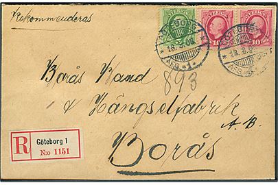 5 öre og 10 öre (2) Oscar på anbefalet brev fra Göteborg d. 18.8.1906 til Borås.