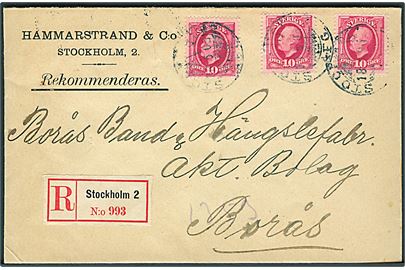 10 öre Oscar (3) på anbefalet brev fra Stockholm d. 18.5.1905 til Borås.