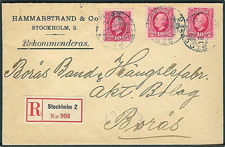 10 öre Oscar (3) på anbefalet brev fra Stockholm d. 18.5.1905 til Borås.