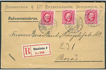 10 öre Oscar (3) på anbefalet brev fra Stockholm d. 2.3.1905 til Borås.
