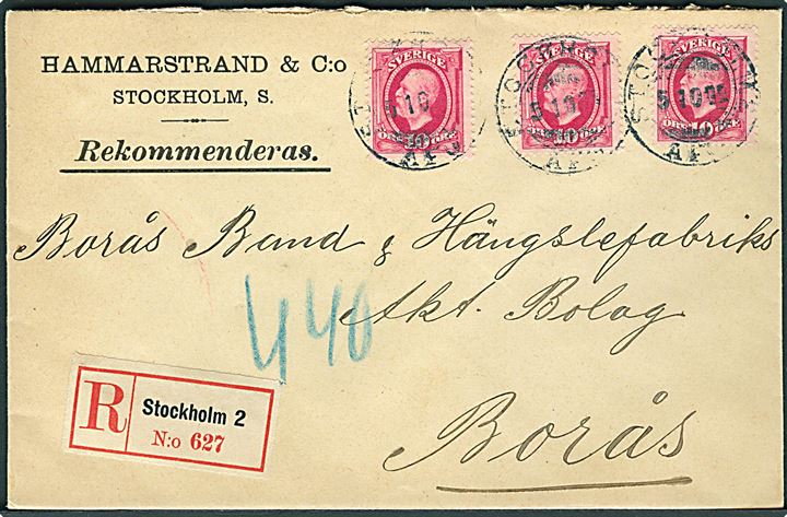 10 öre Oscar (3) på anbefalet brev fra Stockholm d. 5.10.1905 til Borås.