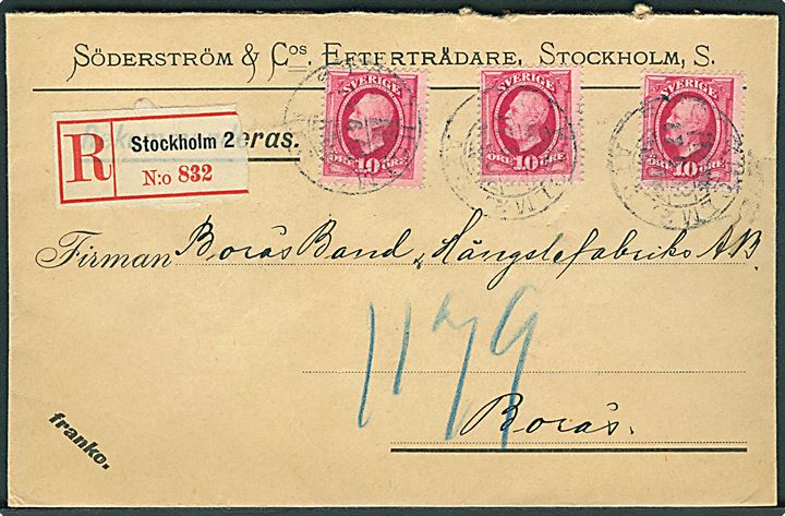 10 öre Oscar (3) på anbefalet brev fra Stockholm d. 17.6.1903 til Borås.