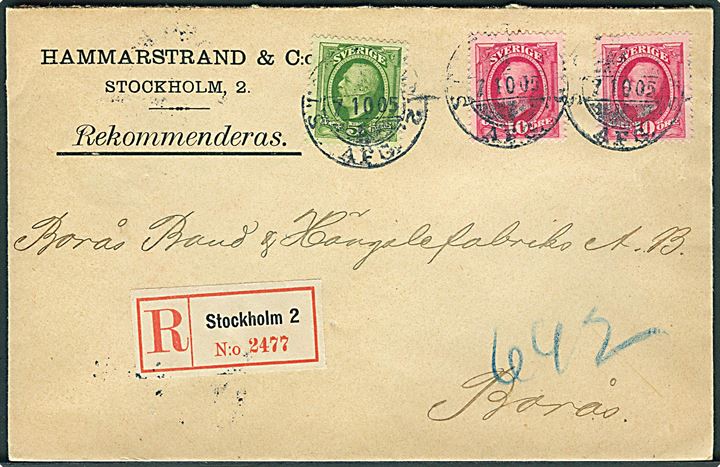 5 öre og 10 öre (2) Oscar på anbefalet brev fra Stockholm d. 7.10.1905 til Borås.