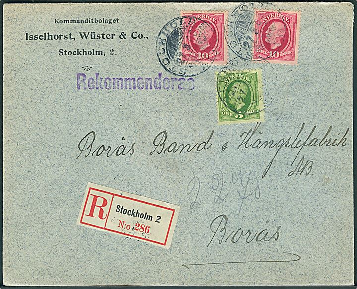 5 öre og 10 öre (2) Oscar på anbefalet brev fra Stockholm d. 27.3.1908 til Borås.
