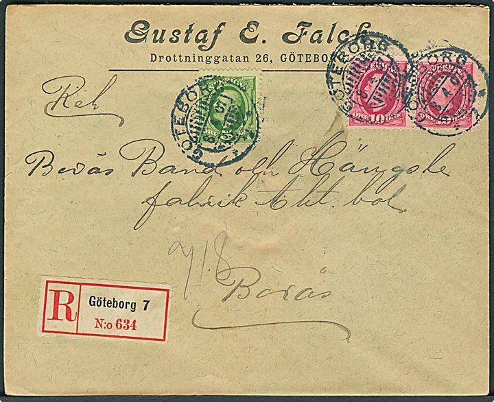 5 öre og 10 öre (2) Oscar på anbefalet brev fra Göteborg d. 8.4.1907 til Borås.