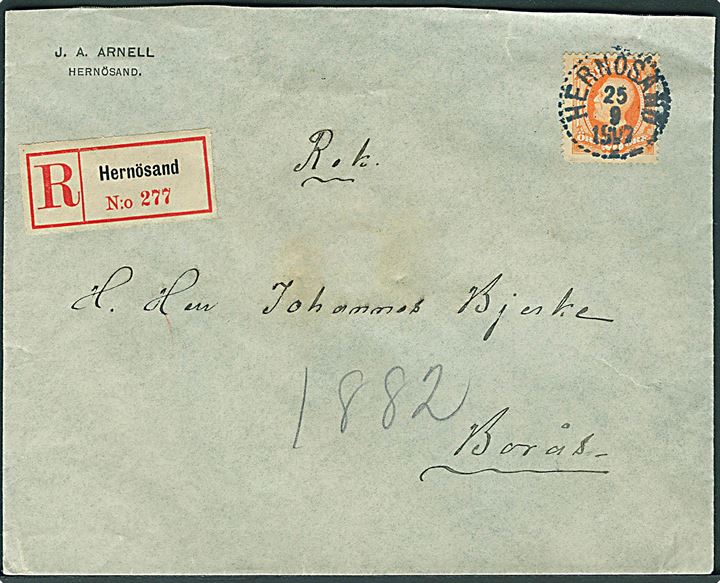 25 öre Oscar single på anbefalet brev fra Hernösand d. 25.9.1907 til Borås.