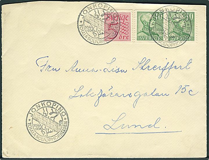 25 öre frankeret kuvert annulleret med solformørkelse særstempel i Jönköping d. 30.6.1954 til Lund.
