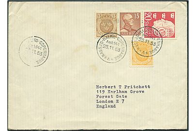 Blandingsfrankeret brev annulleret med sejlende bureaustempel Nässjö - Malmö - Copenhague *A* Amb. 141 d. 25.11.1953 til London, England.
