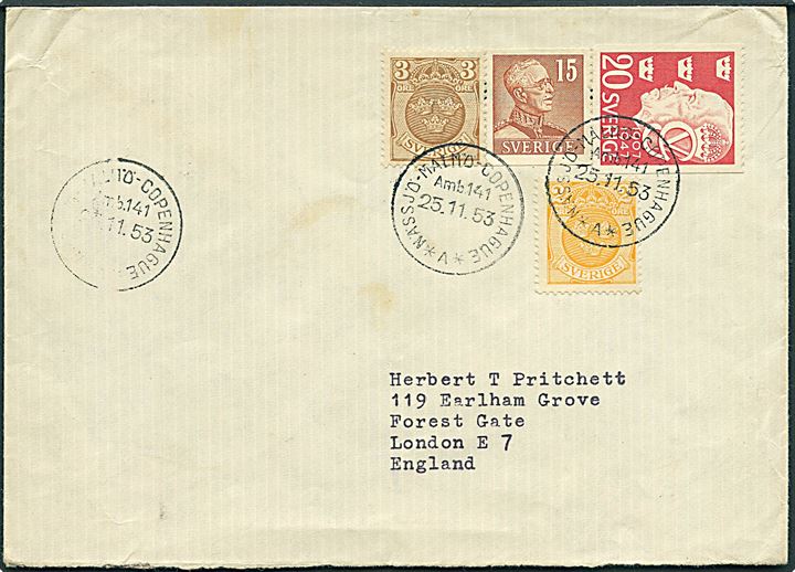 Blandingsfrankeret brev annulleret med sejlende bureaustempel Nässjö - Malmö - Copenhague *A* Amb. 141 d. 25.11.1953 til London, England.