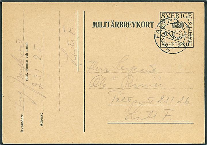 Militärbrevkort stemplet Fältpost Nr. 7 d. 8.8.1940 fra soldat ved Fältpost nr. 23125 Litt. F. til anden soldat ved Fältpost 23126 Litt. F. Interessant intern forsendelse.