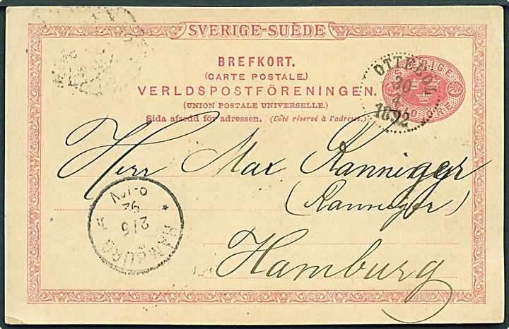 10 öre helsagsbrevkort stemplet Ottebol d. 30.4.1892 til Hamburg, Tyskland.