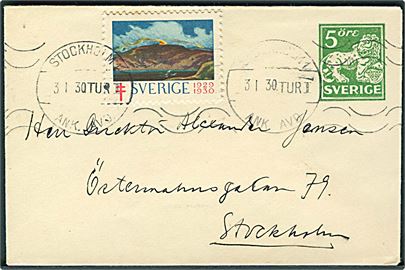 5 öre helsagskuvert med Julemærke 1929-1930 sendt lokalt i Stockholm d. 3.1.1930.