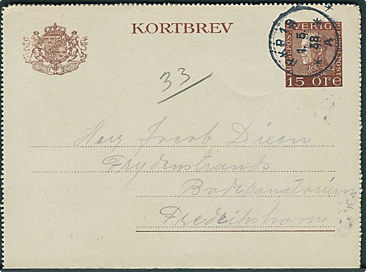 15 öre Gustaf helsagskorrespondancekort annulleret med bureaustempel PKP 19 d. 1.5.1938 til Frederikshavn.