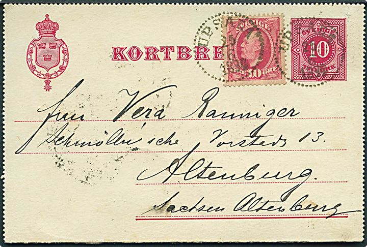 10 öre helsagskorrespondancekort opfrankeret med 10 öre Oscar fra Upsala d. 25.6.1894 til Altenburg, Tyskland.
