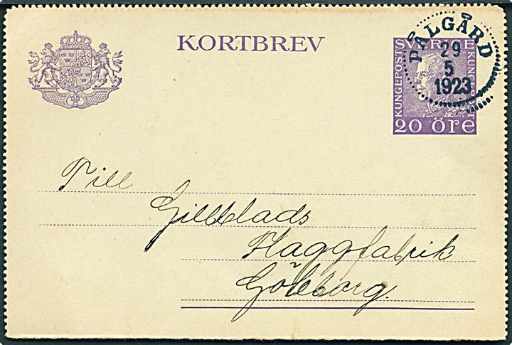 20 öre Gustaf helsagskorrespondancekort stemplet Pålgård d. 29.5.1923 til Göteborg.