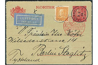 15 öre Gustaf helsagskorrespondancekort opfrankeret med 20 öre Gustaf sendt som luftpost fra Stockholm d. 3.8.1934 til Berlin, Tyskland. Rødt stempel: Mit Luftpost befördert Luftpostamt Berlin C2.