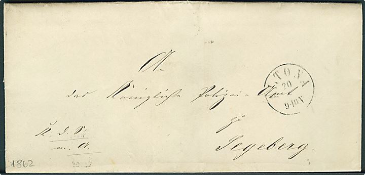 1862. Ufrankeret tjenestebrev mærket K.d.S.m.A. med antiqua Altona d. 20.6.1862 til Segeberg.