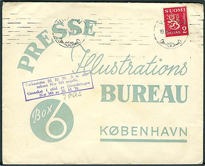2 mk. Løve på illustreret kuvert til Pressens Illustrations Bureua fra Viipurii d. 10.11.1939 til København, Danmark. Finsk vinterkrigscensur.