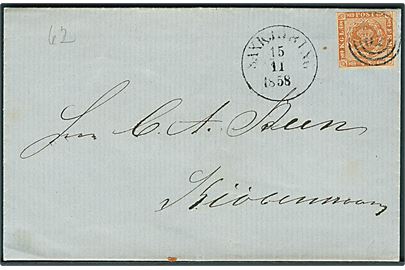 4 sk. 1858 udg. på brev annulleret med nr.stempel 62 og sidestemplet antiqua Saxkjøbing d. 15.11.1858 til Kjøbenhavn.
