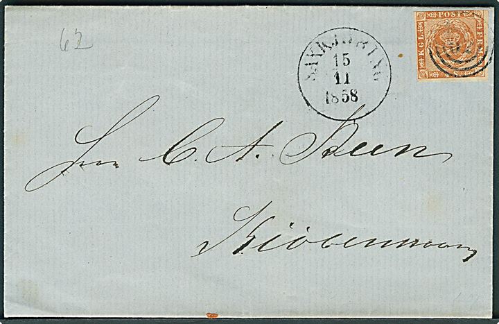 4 sk. 1858 udg. på brev annulleret med nr.stempel 62 og sidestemplet antiqua Saxkjøbing d. 15.11.1858 til Kjøbenhavn.