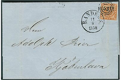 4 sk. 1858 udg. på brev annulleret med nr.stempel 53 og sidestemplet antiqua Randers d. 11.8.1858 til Kjøbenhavn.