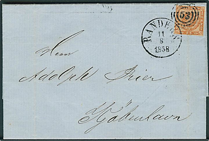 4 sk. 1858 udg. på brev annulleret med nr.stempel 53 og sidestemplet antiqua Randers d. 11.8.1858 til Kjøbenhavn.