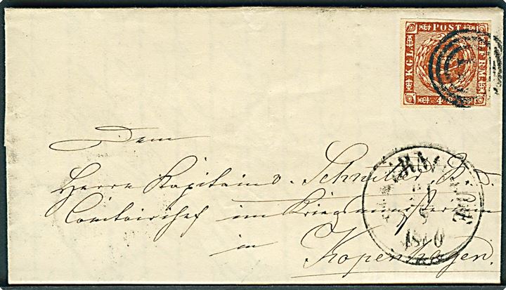 4 sk. 1858 udg. på brev annulleret med nr.stempel 14 og sidestemplet antiqua Eckernförde d. 31.8.1860 via Kiel til Kjøbenhavn.