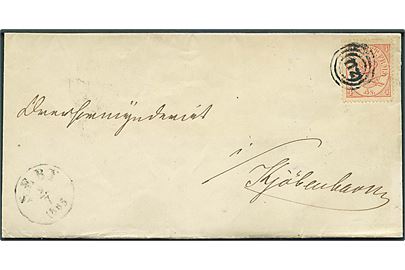 4 sk. Krone/Scepter på brev annulleret med nr.stempel 112 og sidestemplet antiqua Sæby d. 9.7.1865 via Aalborg til Kjøbenhavn.