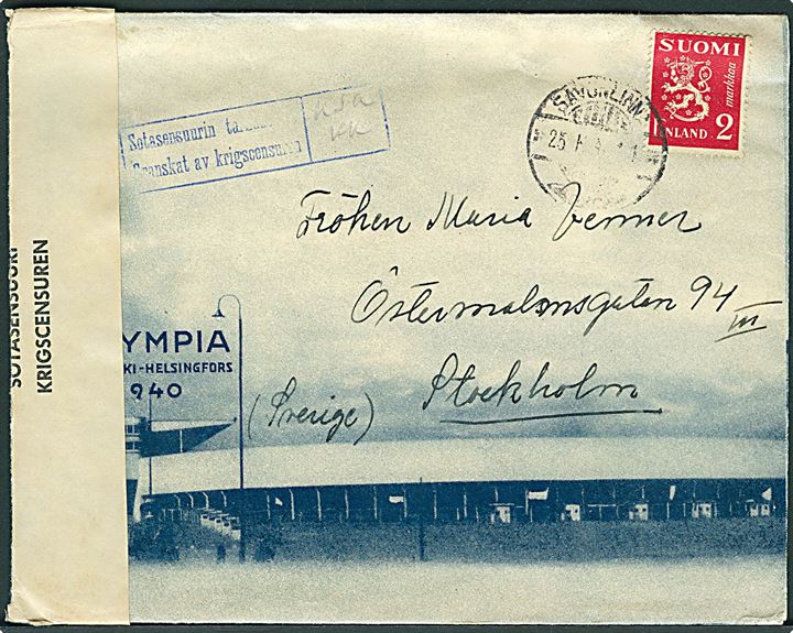 2 mk. Løve på illustreret Olympiade kuvert fra Savonlinna d. 25.2.1940 til Stockholm, Sverige. Åbnet af finsk censur.
