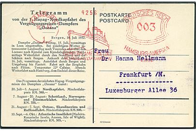 3 pfg. Hamburg Amerika Linie firmafranko frankeret Telegram-meddelelse fra S/S Oceana i Bergen d. 16.7.1932 sendt som tryksag fra Hamburg d. 18.7.1932 til Frankfurt. 